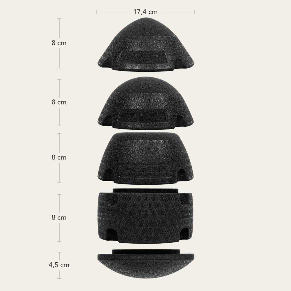 Der ISG-Ischias-Retter von Liebscher & Bracht: Fünf schwarze, kuppelförmige und zylindrische Elemente (8 cm hoch, Basis 4,5 cm; 17,4 cm breit) - perfekt für Hüft- oder Gesäßübungen zur Verbesserung der Beweglichkeit.