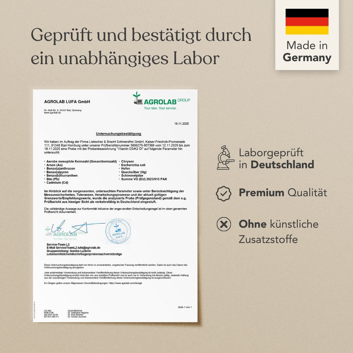 Abgebildet ist ein deutsches Labortest-Zertifikat der AGROLAB LUFA GmbH für Liebscher & Bracht Vitamin D3+K2VITAL® Tropfen mit Symbolen/Text, die die Laborprüfung in Deutschland, die Premiumqualität und den Verzicht auf künstliche Zusatzstoffe hervorheben. Oben rechts ist eine deutsche Flagge zu sehen.
