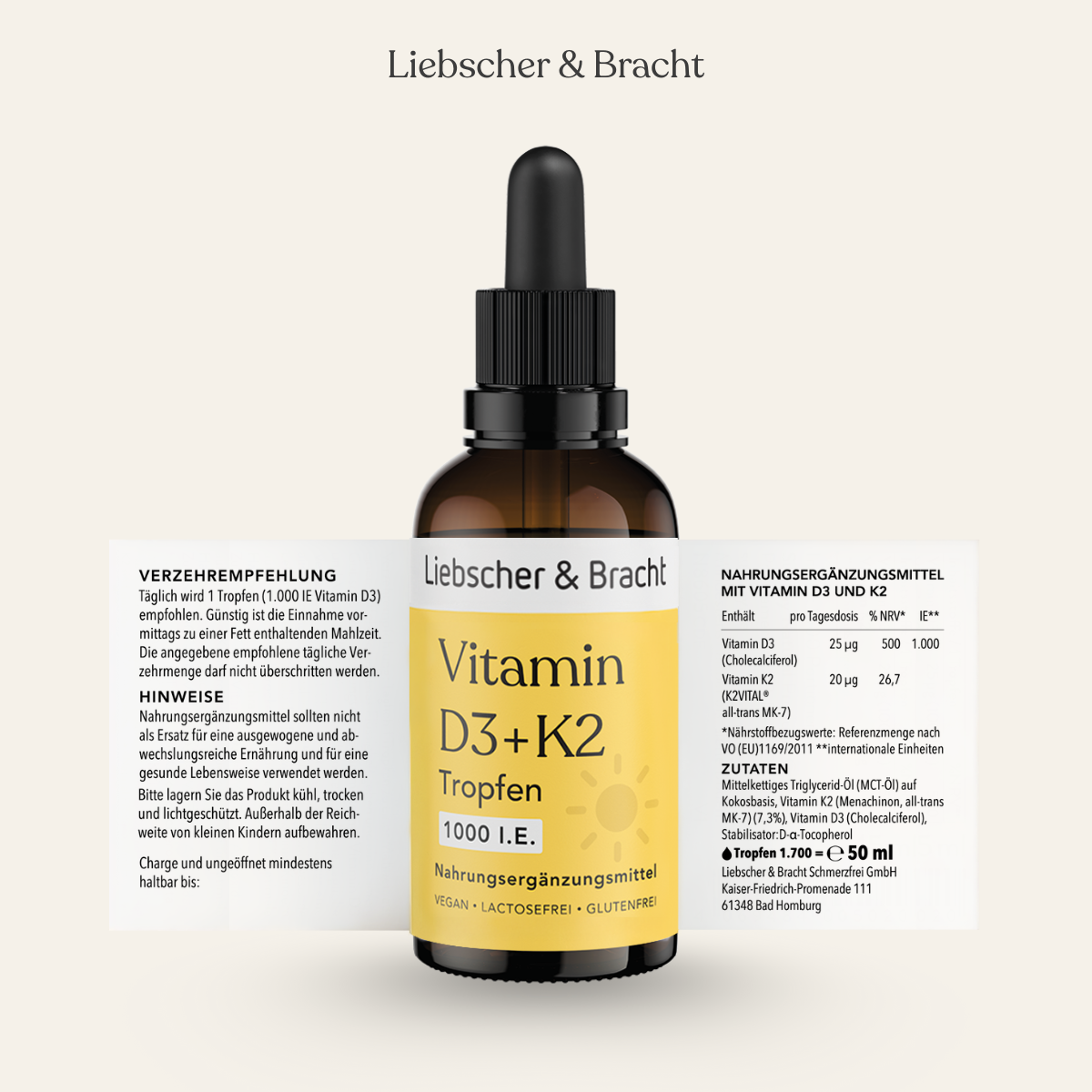 Eine Tropfflasche aus braunem Glas mit der Aufschrift Liebscher & Bracht Vitamin D3+K2VITAL® Tropfen ist auf jeder Seite mit deutschen Dosierungs- und Inhaltsstoffangaben versehen.
