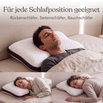 Ein Mann schläft in Rückenlage auf dem Kissen Plus, darunter eine Frau in Seitenlage und eine Frau in Bauchlage. Überschrift: Für jede Schlafposition geeignet.