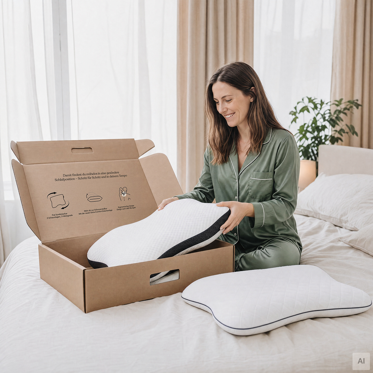 Eine Frau packt das Kissen Plus auf ihrem Bett aus dem Karton aus. Daneben liegt ein Kissen in der kleinen Hülle.