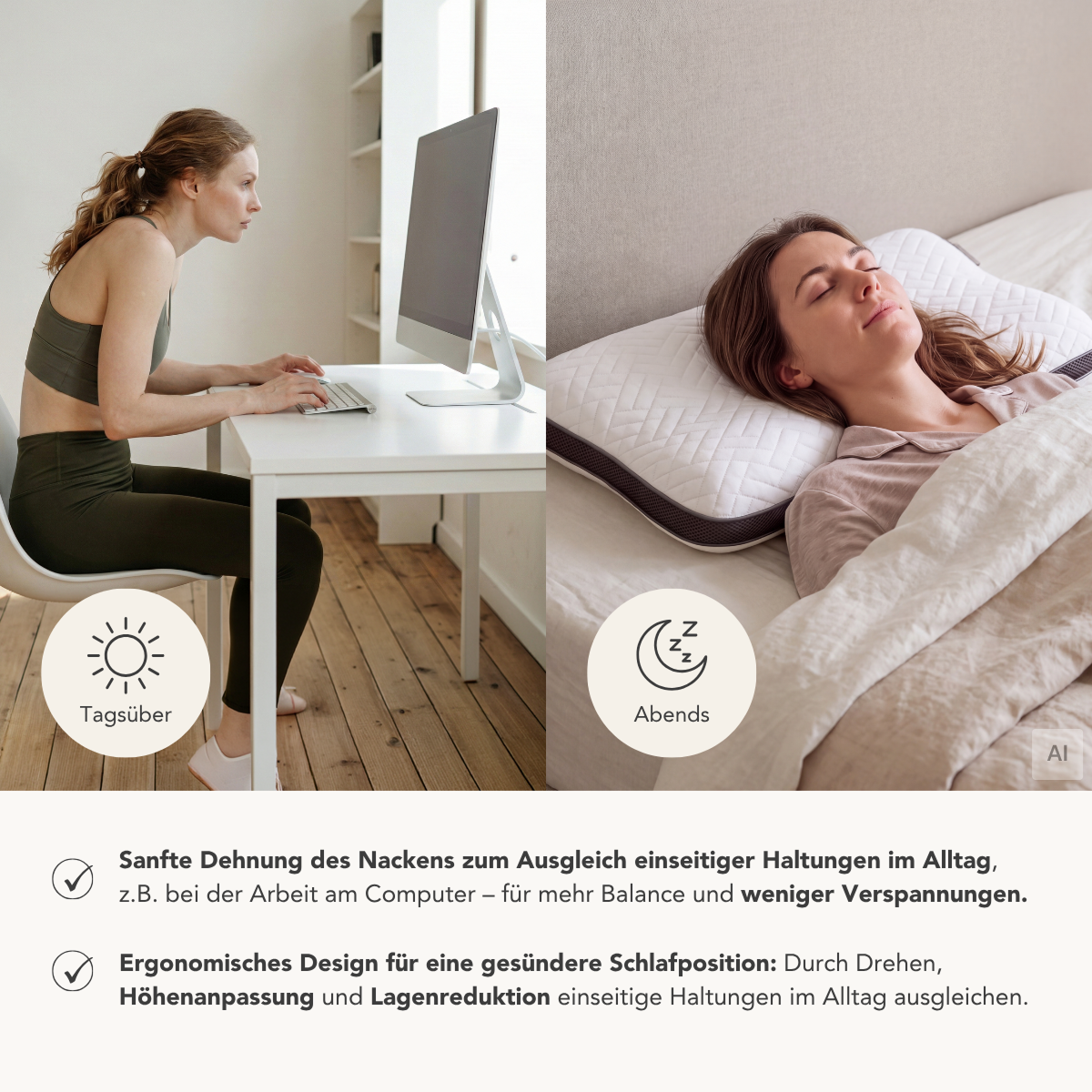 Links eine Frau tagsüber am Schreibtisch, rechts abends schlafend auf dem Kissen Plus. Darunter zwei Hinweise zur sanften Dehnung des Nackens und zum ergonomischen Design.