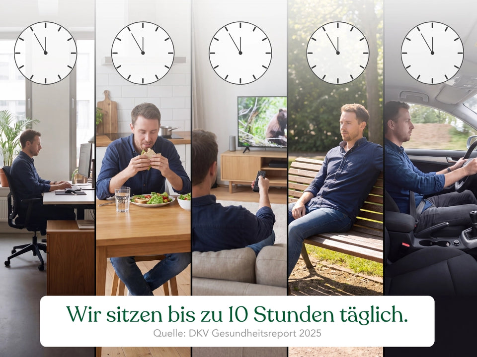 Collage einer Person beim Sitzen über den Tag verteilt, am Schreibtisch, im Auto, auf dem Sofa, mit Uhren im Hintergrund