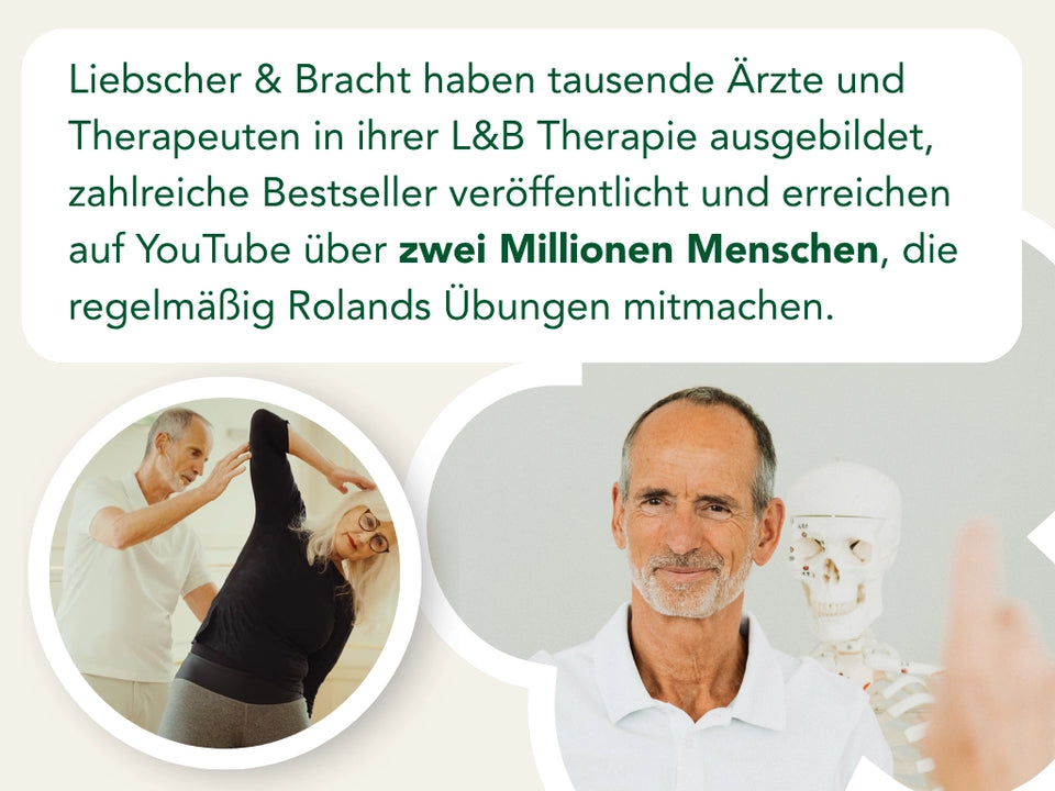 Roland Liebscher-Bracht neben einem Modell der Wirbelsäule; daneben eine Person bei einer Dehnübung