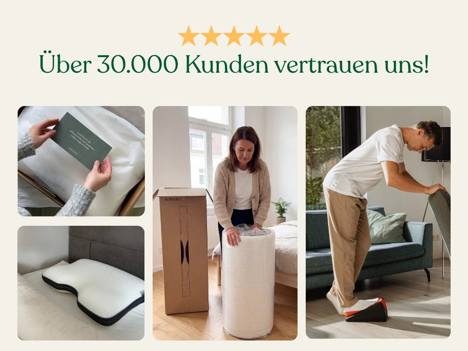 Collage: Kunden packen die gerollt gelieferte Matratze aus und richten sie ein