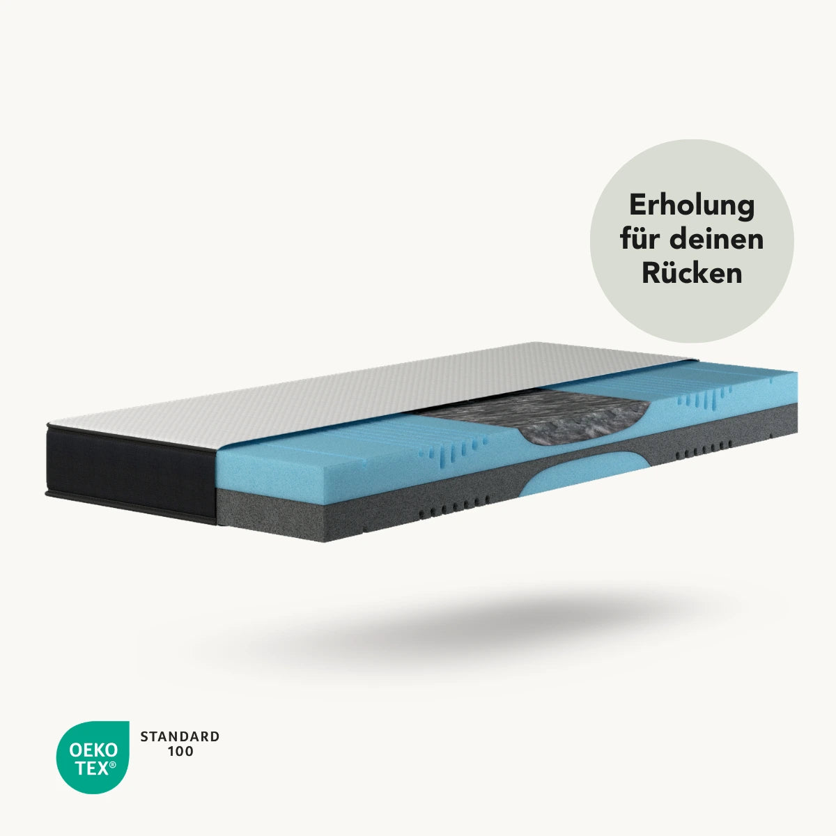 Die Liebscher & Bracht Matratze verfügt über wendbare blaue und schwarze Schaumstoffschichten für ergonomische Unterstützung und die Härtegrade H3/H4. In einer deutschen Textblase steht "Erholung für deinen Rücken". In der Ecke befindet sich das OEKO-TEX STANDARD 100-Logo.