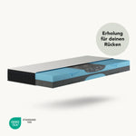 Die Liebscher & Bracht Matratze verfügt über wendbare blaue und schwarze Schaumstoffschichten für ergonomische Unterstützung und die Härtegrade H3/H4. In einer deutschen Textblase steht "Erholung für deinen Rücken". In der Ecke befindet sich das OEKO-TEX STANDARD 100-Logo.