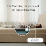 Eine Person liegt auf einem beigen Bett mit einem Ausschnitt der Liebscher & Bracht Matratze, der die inneren Schichten zeigt. Der deutsche Text lautet: "Die Matratze, die mehr will als nur stabilisieren." Ein Etikett weist auf seine wendbare Matratze mit Dehn-Effekt hin.
