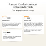 Auf beigem Hintergrund sind drei 5-Sterne-Kundenrezensionen für die Liebscher & Bracht Matratze abgebildet, die den Komfort, die ergonomischen Stützzonen und die wählbaren Härtegrade H3 und H4 loben. Die Überschrift lautet: Unsere Kundenstimmen sprechen für sich.