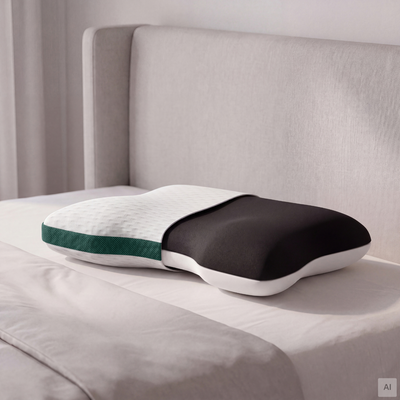 Das ergonomische Kissen Contoured Kissen Clean von Liebscher & Bracht mit weißer Oberseite und dunkelgrauem Seitenprofil liegt auf einem Bett und sorgt für bequemen Halt.