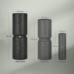 Die Liebscher & Bracht MAXI-Faszienrolle mit Wirbelsäulen-Entlastung steht aufrecht mit Größenmarkierung - perfekt für große Körperflächen oder gezielte Wirbelsäulenmassage. Testsieger für Vielseitigkeit und effektive Muskelentlastung.