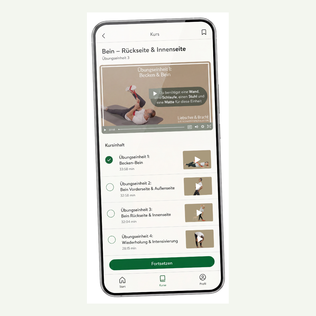 Der Kniekurs in der Liebscher & Bracht App auf dem Smartphone mit den Übungseinheiten